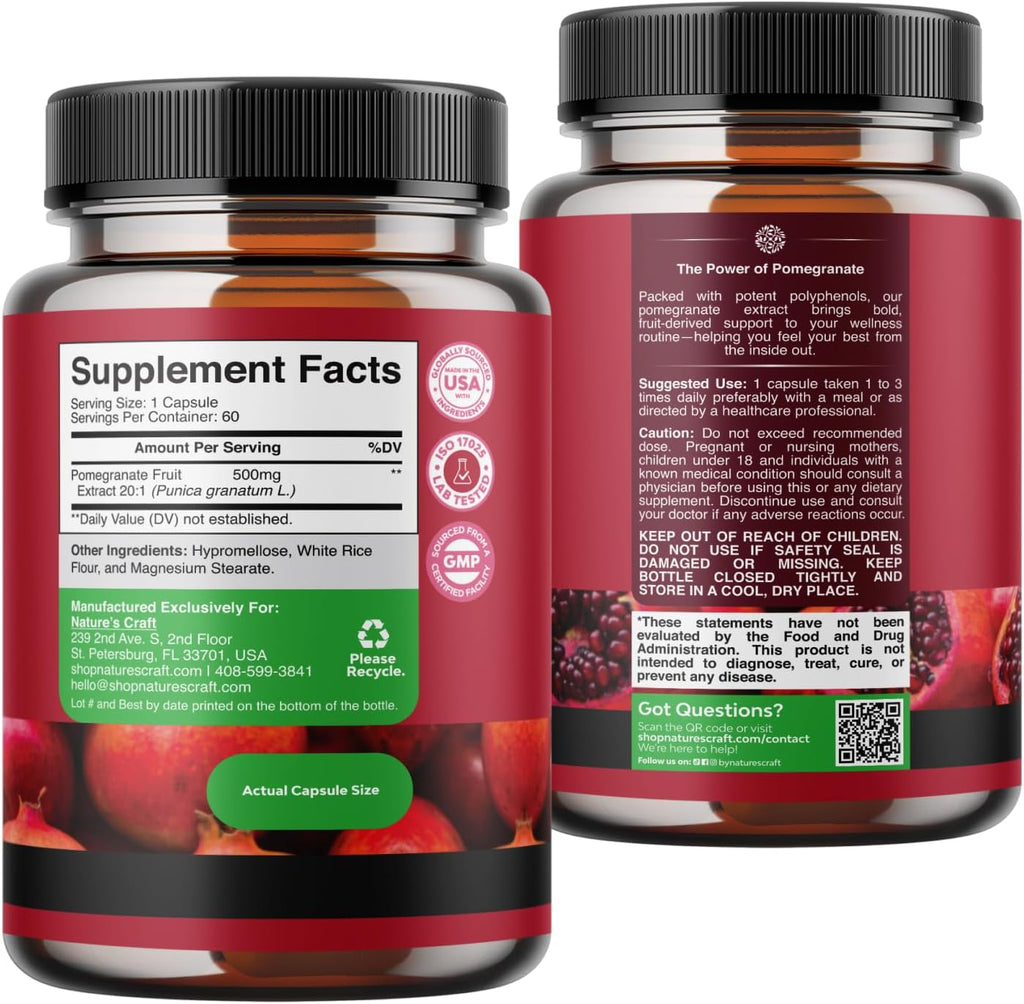 Pomegranate Extract Capsules 500mg - Pomegranate Supplement - 60 Count